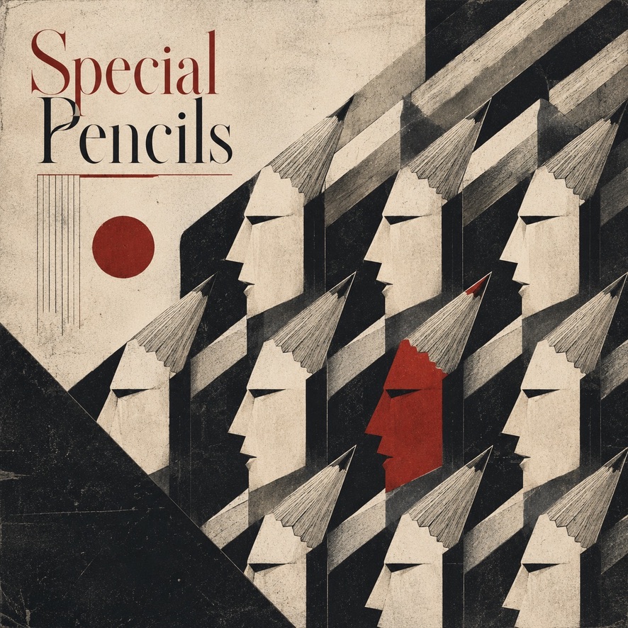 A regimented field of graphic pencil forms with one red pencil