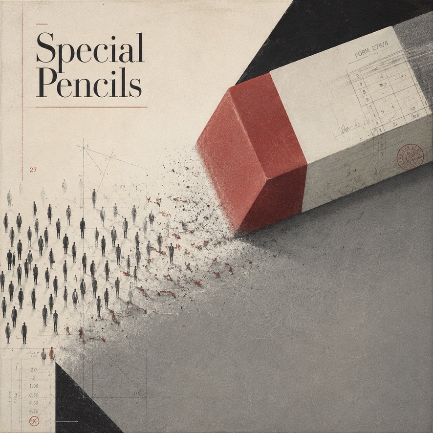 A red and black pencil eraser above tiny regimented figures