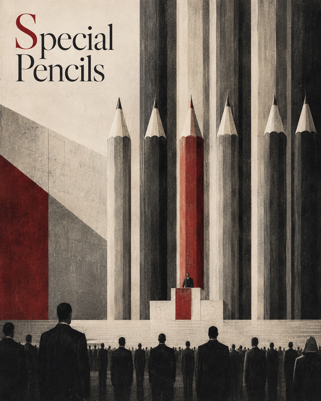 Monumental pencils towering above a small crowd