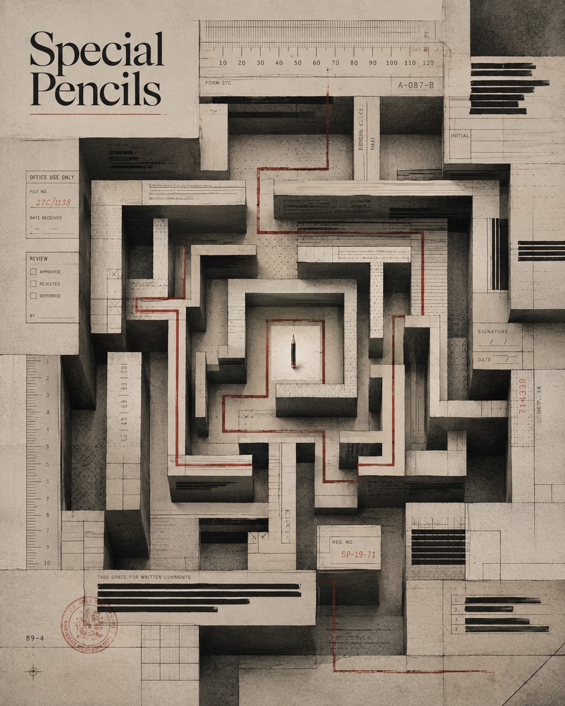 A geometric maze made from stacked paper documents