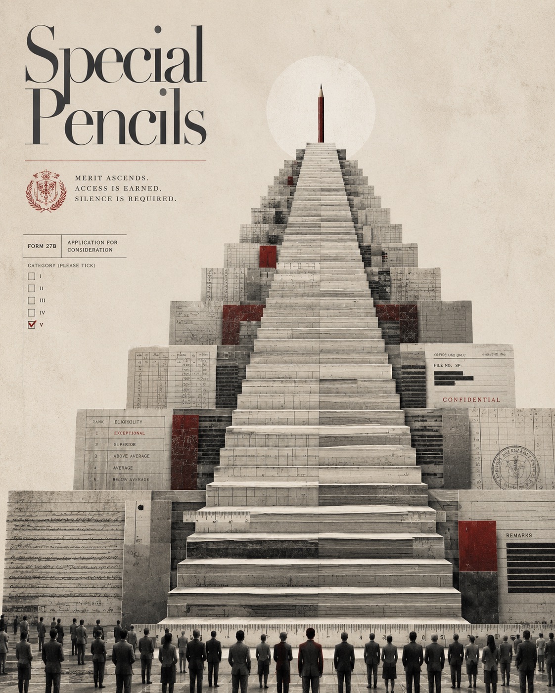 An immense paper staircase narrowing toward a red pencil